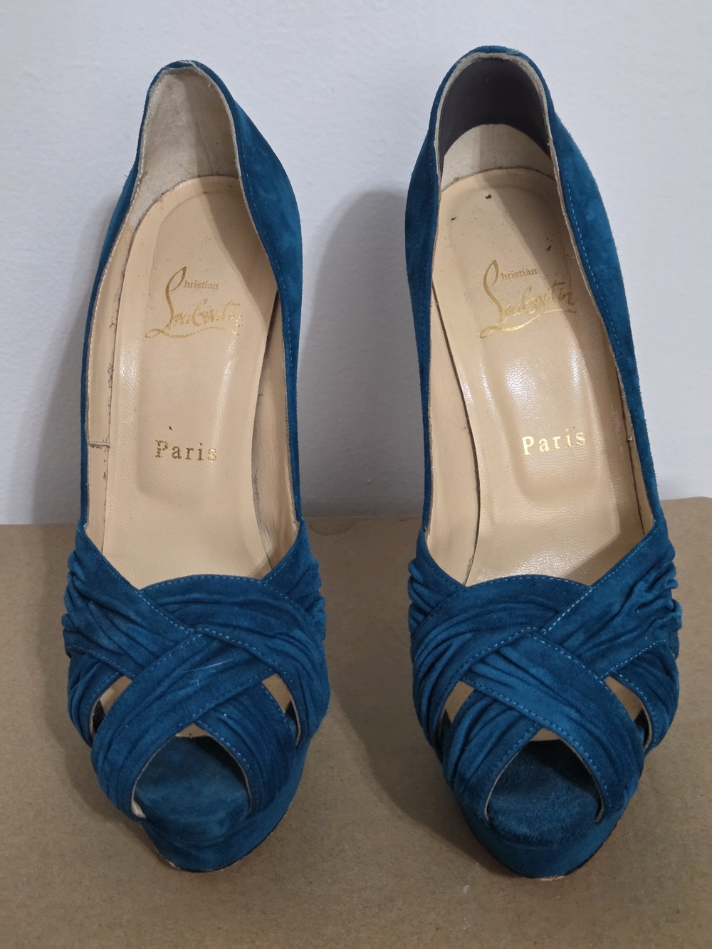 Christian Louboutin Greissimo Teal Suede Ruched Peep Toe Platform Pumps EU 38